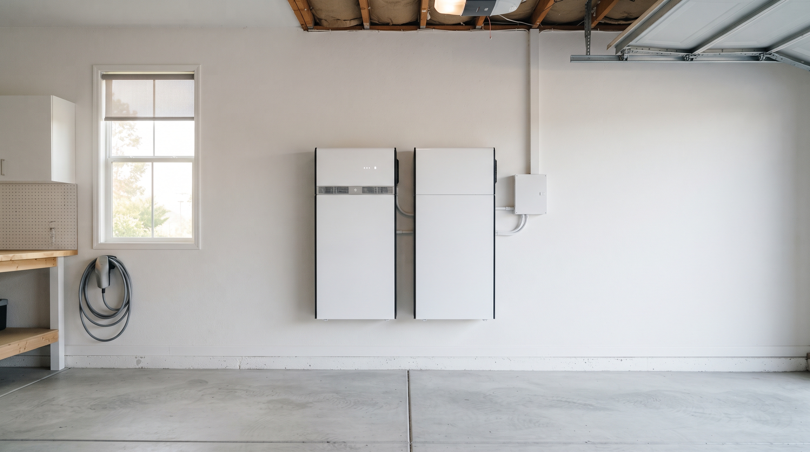 Modern home battery system mounted in a residential garage