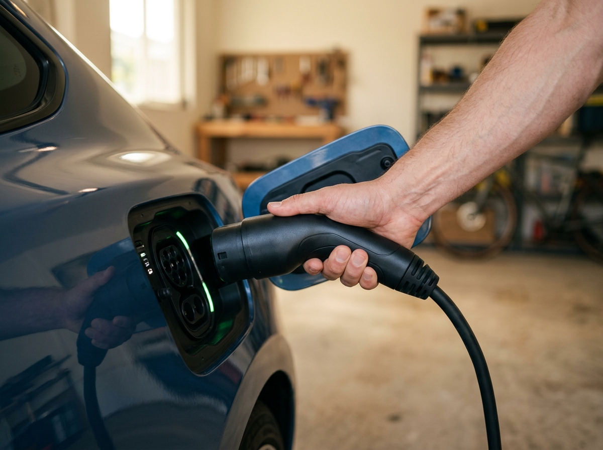 Hand plugging a charging connector into an electric car