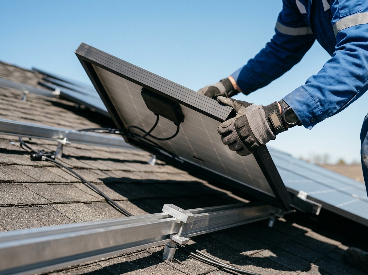 Technician carefully lifting a solar panel from rooftop mounting rails